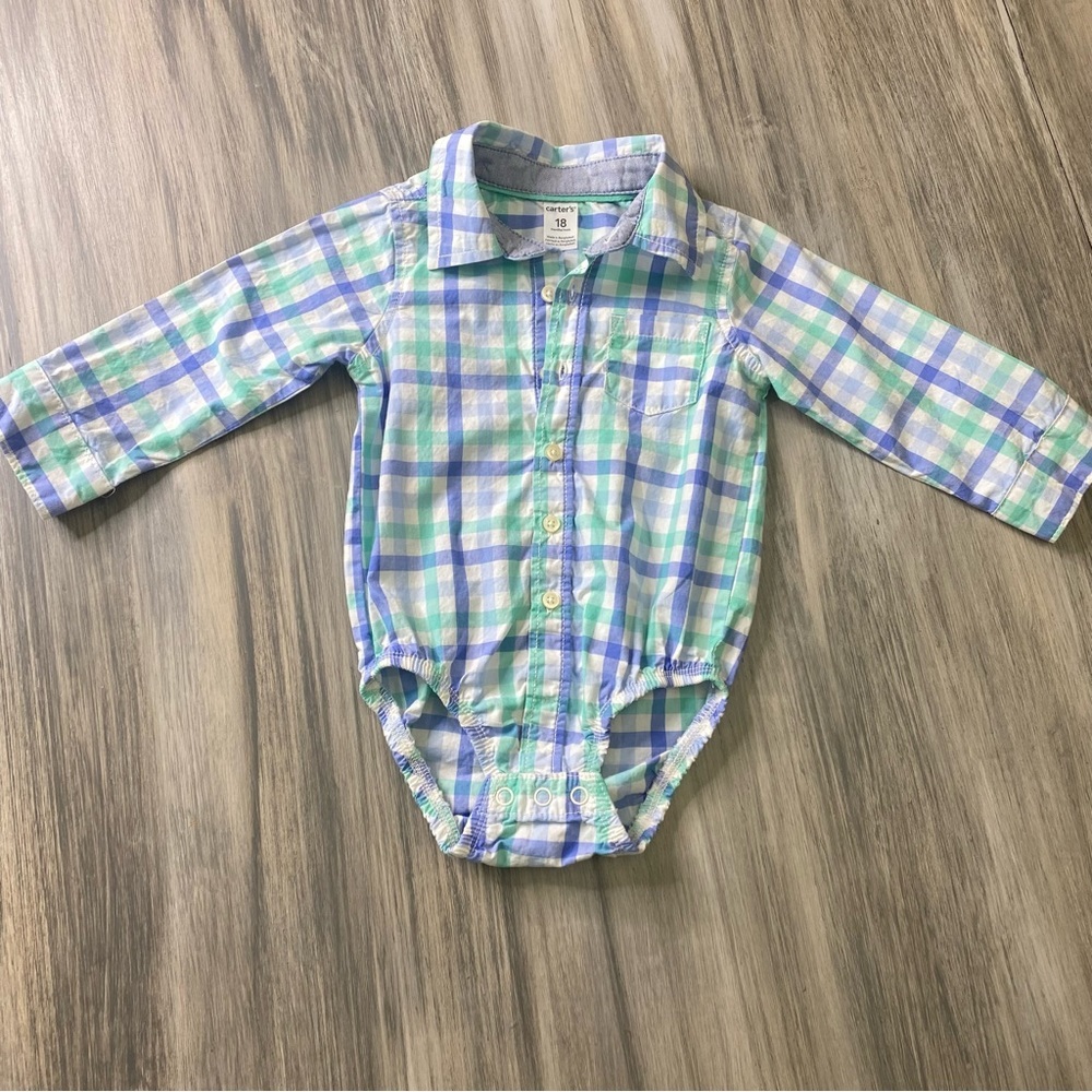 Adorable Plaid Long Sleeve Button Up Carter’s Onesie with Bow Tie, 18 Months
